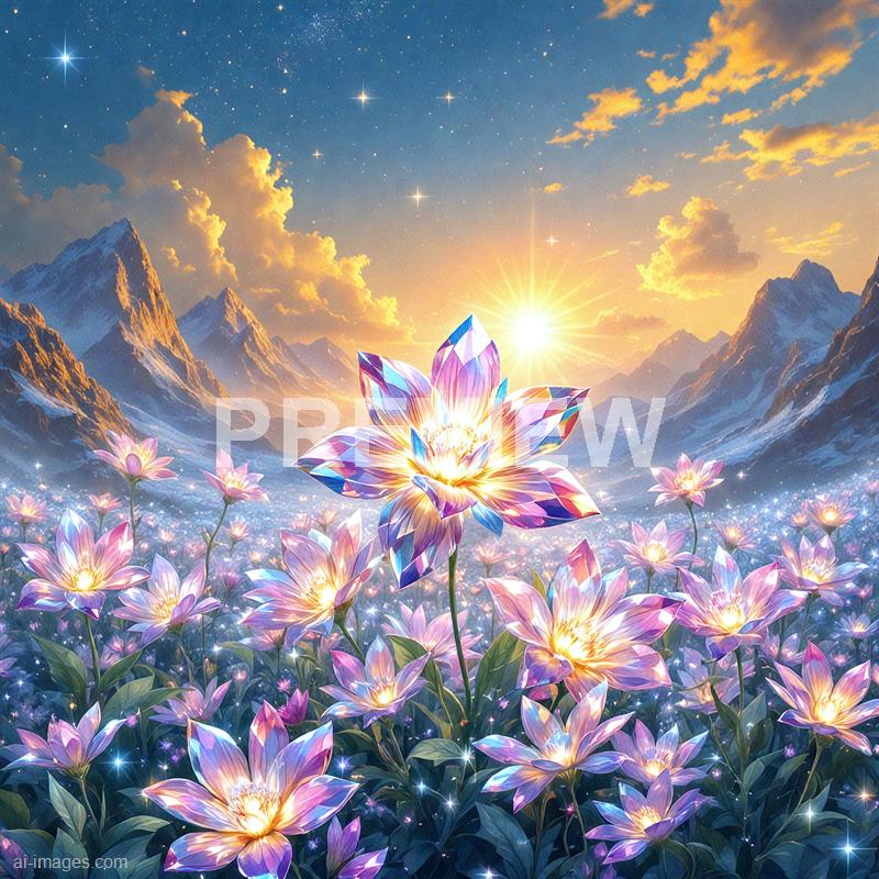 The image depicts a fantastical landscape with a multitude of luminous, gemstone-like flowers in shades of pink, purple, and blue, glowing softly and scattered across a lush green field. In the background, majestic snow-capped mountains rise under a vibrant sky filled with warm hues of orange and yellow from a setting or rising sun, with a few clouds floating nearby and a clear starry sky sprinkled with twinkling stars. The scene exudes a magical, surreal atmosphere, blending natural elements with a dreamlike, otherworldly aesthetic.